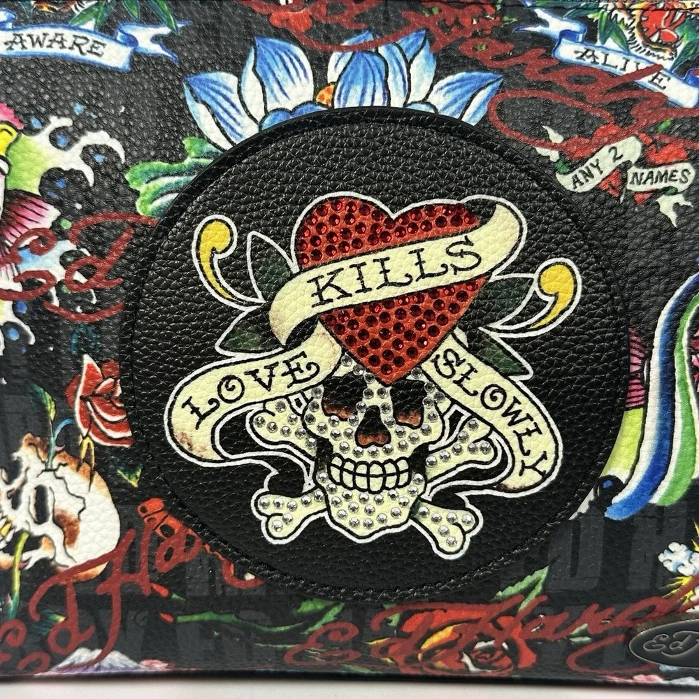 Ed Hardy Cosmetic Bag Skull Heart Koi Tattoo Print Makeup‎ Pouch Black